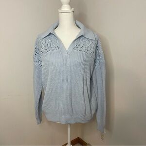 Loft Light Blue crochet yoke split neck sweater